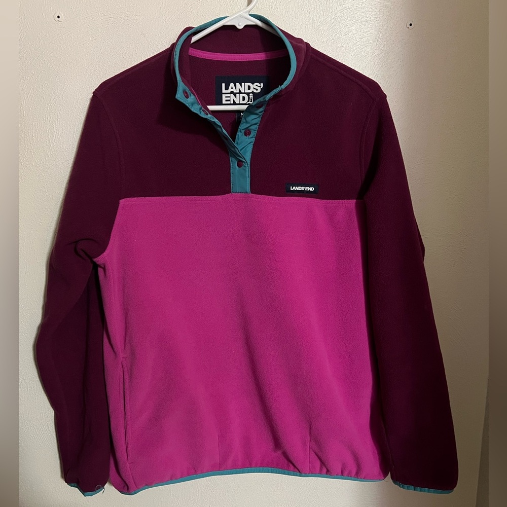 LAND'S END Classic Heritage Fleece 1/4 Snap Neck Pullover Sweatshirt Pink Wms M